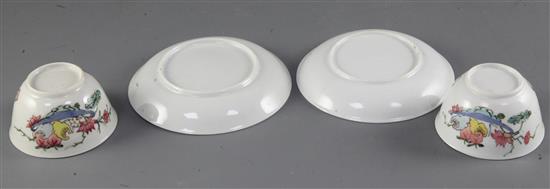 A pair of Chinese famille rose teabowls and saucers, Yongzheng period, saucers 11.7cm diameter, some damage